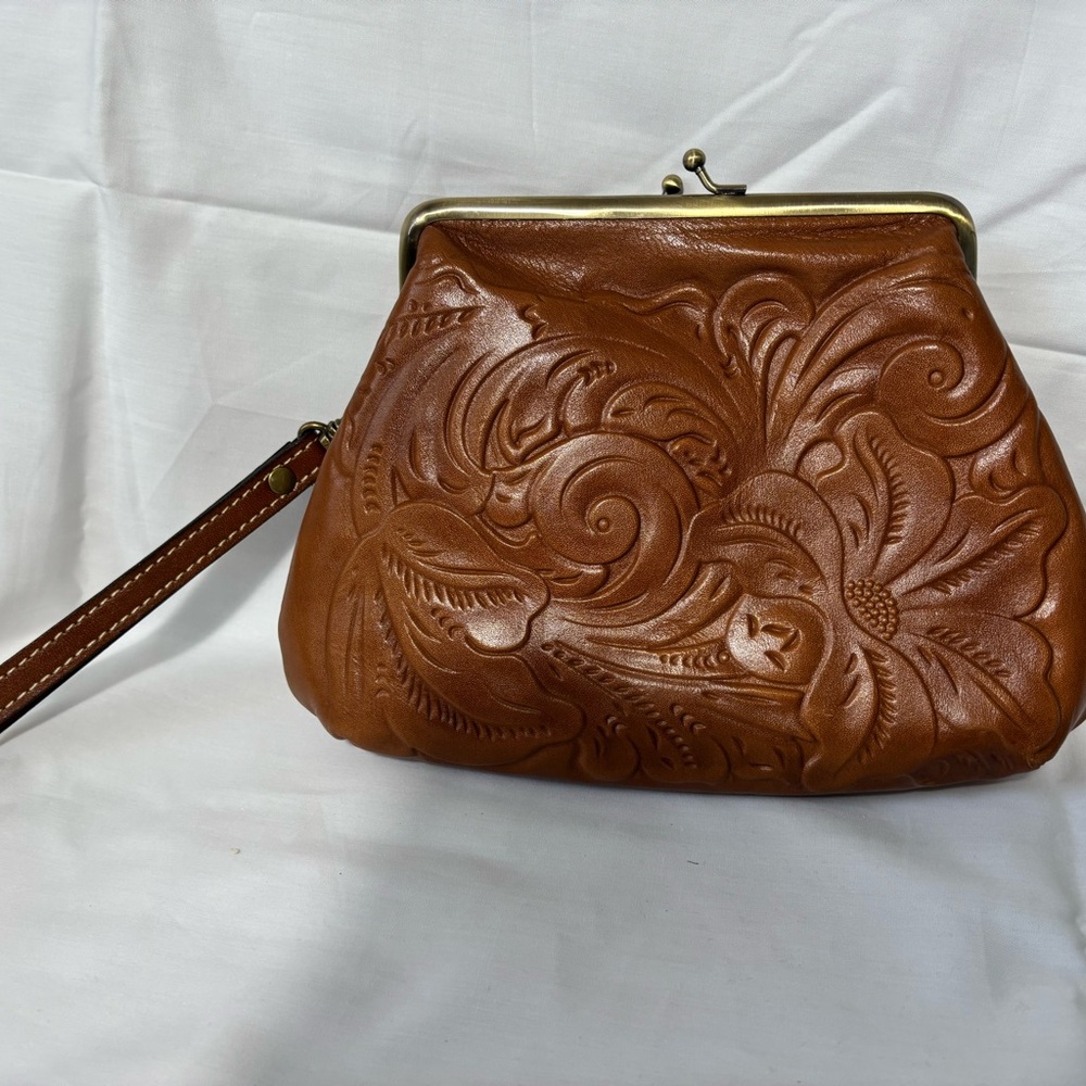 Patricia Nash Brown Leather Clutch with Embossed Floral Design